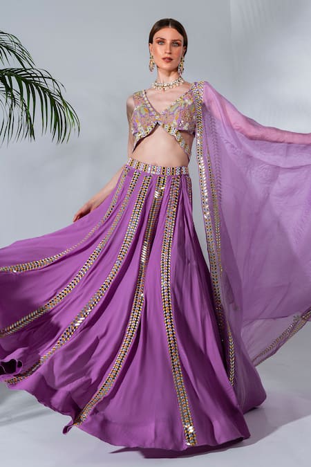 Buy_Neha Khullar_Purple Georgette, Organza Mirrors, Pearls, Embellished Panelled Lehenga Set 