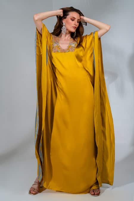Neha Khullar_Yellow Modal, Satin Embroidery Round Neck Floral Embeoidered Kaftan _Online_at_Aza_Fashions