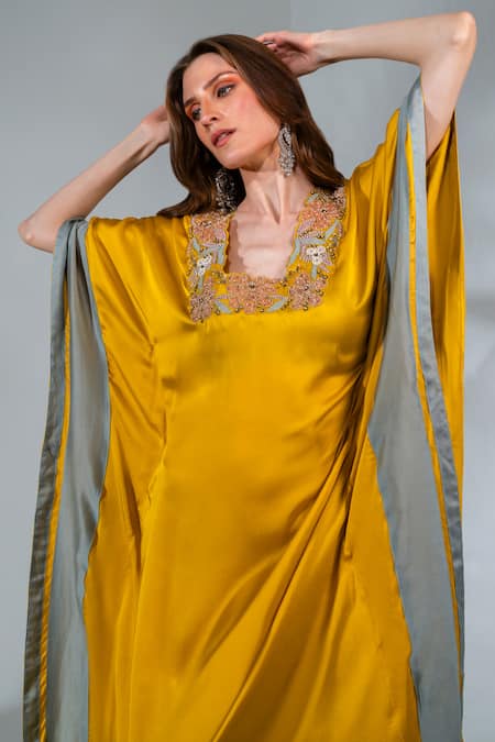 Shop_Neha Khullar_Yellow Modal, Satin Embroidery Round Neck Floral Embeoidered Kaftan _Online_at_Aza_Fashions