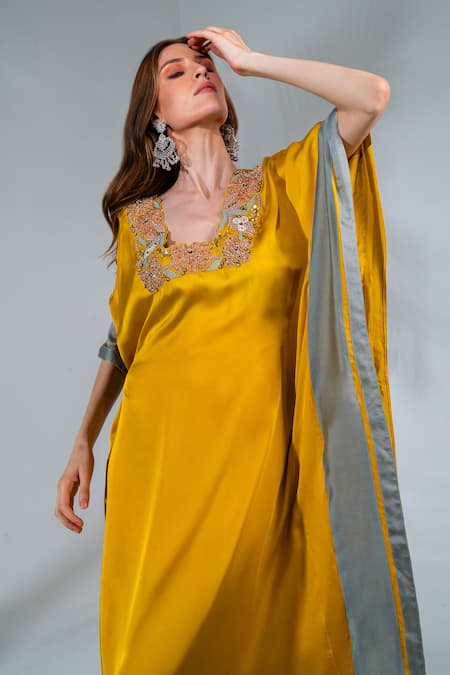 Neha Khullar_Yellow Modal, Satin Embroidery Round Neck Floral Embeoidered Kaftan _at_Aza_Fashions