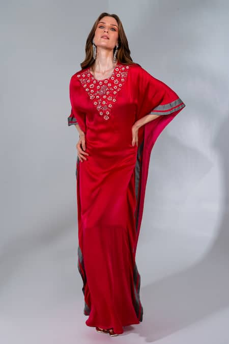 Buy_Neha Khullar_Fuchsia Modal, Satin Sequins, Applique, Embroidery Round Neck And Pearl Kaftan _Online_at_Aza_Fashions