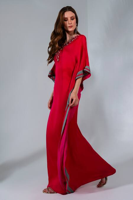Shop_Neha Khullar_Fuchsia Modal, Satin Sequins, Applique, Embroidery Round Neck And Pearl Kaftan _Online_at_Aza_Fashions
