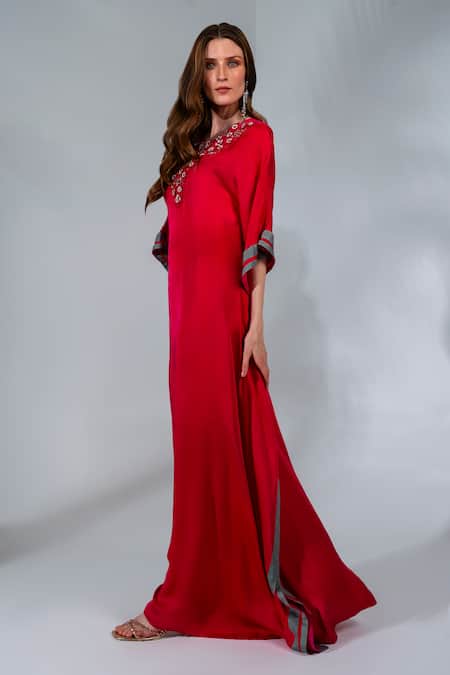 Neha Khullar_Fuchsia Modal, Satin Sequins, Applique, Embroidery Round Neck And Pearl Kaftan _at_Aza_Fashions