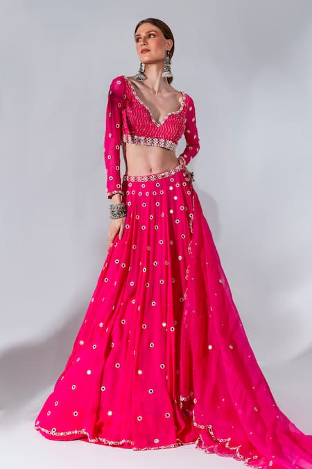 Neha Khullar_Fuchsia Georgette, Organza, Crepe Mirrors, Beads, Gota Embroidered Lehenga Set _Online_at_Aza_Fashions