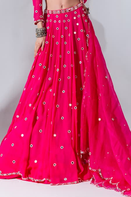 Buy_Neha Khullar_Fuchsia Georgette, Organza, Crepe Mirrors, Beads, Gota Embroidered Lehenga Set _Online_at_Aza_Fashions