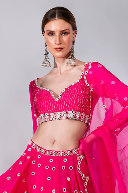 Shop_Neha Khullar_Fuchsia Georgette, Organza, Crepe Mirrors, Beads, Gota Embroidered Lehenga Set _Online_at_Aza_Fashions