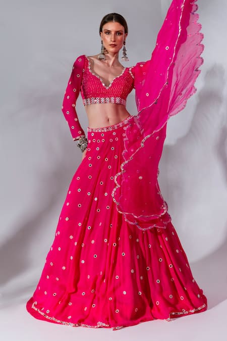 Neha Khullar_Fuchsia Georgette, Organza, Crepe Mirrors, Beads, Gota Embroidered Lehenga Set _at_Aza_Fashions