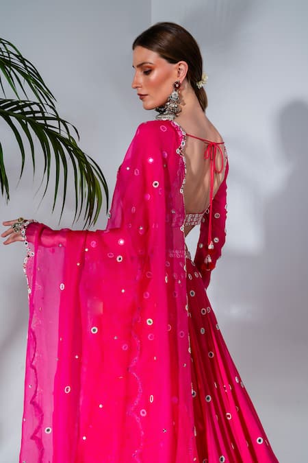 Buy_Neha Khullar_Fuchsia Georgette, Organza, Crepe Mirrors, Beads, Gota Embroidered Lehenga Set 