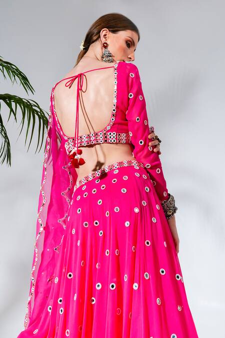 Shop_Neha Khullar_Fuchsia Georgette, Organza, Crepe Mirrors, Beads, Gota Embroidered Lehenga Set 