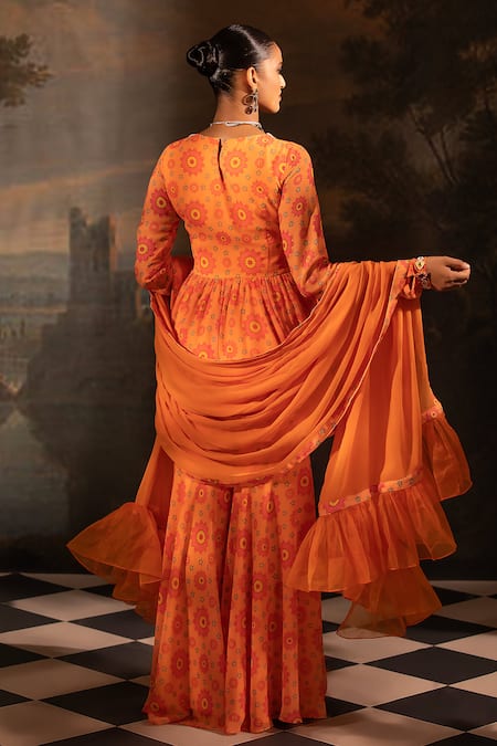 Neha Khullar Orange Georgette, Organza, Crepe Beads, Pearls, Floral Print Kurta Gharara Set Online at Aza Fashions Neha Khullar_Orange Georgette, Organza, Crepe Beads, Pearls, Floral Print Kurta Gharara Set _Online_at_Aza_Fashions