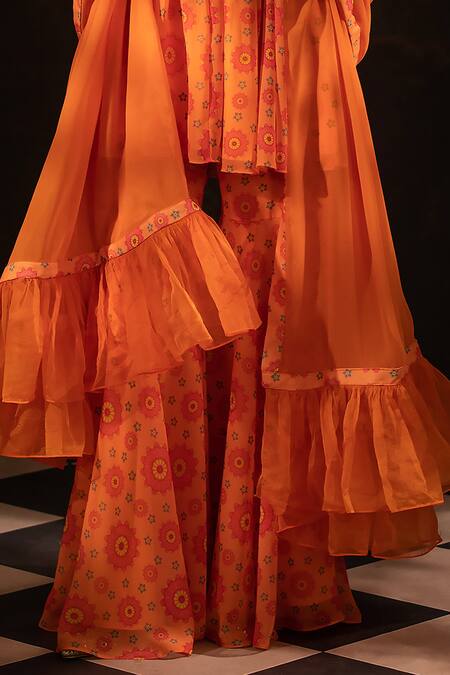 Buy Neha Khullar Orange Georgette, Organza, Crepe Beads, Pearls, Floral Print Kurta Gharara Set Online at Aza Fashions Buy_Neha Khullar_Orange Georgette, Organza, Crepe Beads, Pearls, Floral Print Kurta Gharara Set _Online_at_Aza_Fashions