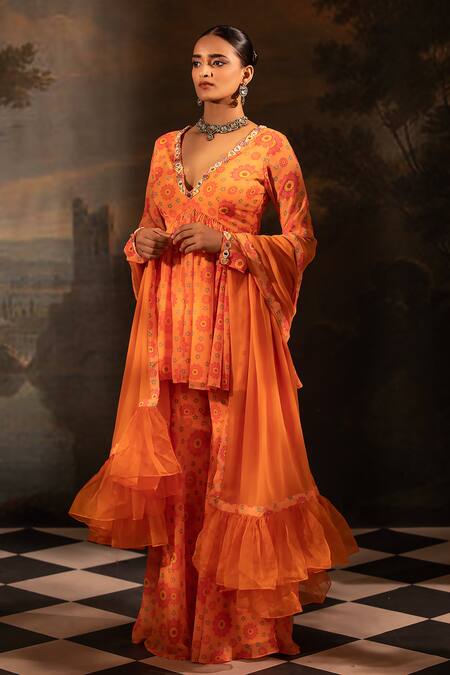 Shop Neha Khullar Orange Georgette, Organza, Crepe Beads, Pearls, Floral Print Kurta Gharara Set Online at Aza Fashions Shop_Neha Khullar_Orange Georgette, Organza, Crepe Beads, Pearls, Floral Print Kurta Gharara Set _Online_at_Aza_Fashions