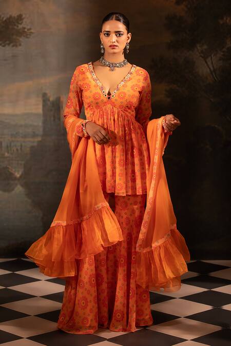 Neha Khullar Orange Georgette, Organza, Crepe Beads, Pearls, Floral Print Kurta Gharara Set at Aza Fashions Neha Khullar_Orange Georgette, Organza, Crepe Beads, Pearls, Floral Print Kurta Gharara Set _at_Aza_Fashions