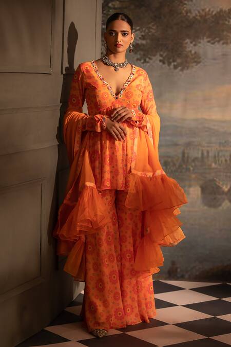 Buy Neha Khullar Orange Georgette, Organza, Crepe Beads, Pearls, Floral Print Kurta Gharara Set Buy_Neha Khullar_Orange Georgette, Organza, Crepe Beads, Pearls, Floral Print Kurta Gharara Set