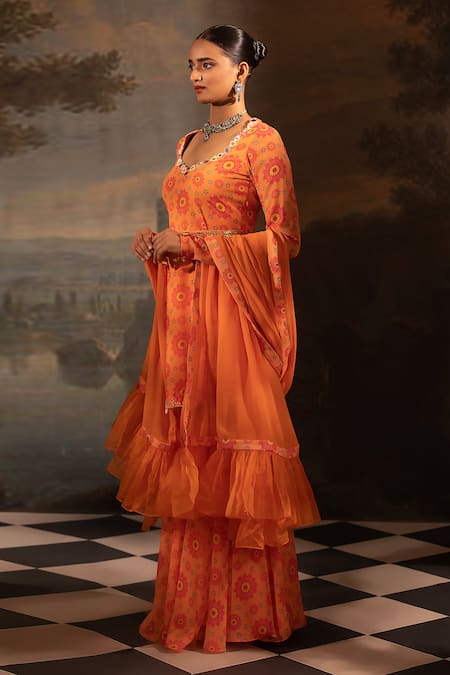 Neha Khullar Orange Georgette, Organza, Crepe Beads, Flower Print Kurta Gharara Set Online at Aza Fashions Neha Khullar_Orange Georgette, Organza, Crepe Beads, Flower Print Kurta Gharara Set _Online_at_Aza_Fashions