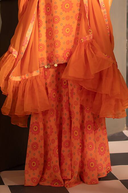 Buy Neha Khullar Orange Georgette, Organza, Crepe Beads, Flower Print Kurta Gharara Set Online at Aza Fashions Buy_Neha Khullar_Orange Georgette, Organza, Crepe Beads, Flower Print Kurta Gharara Set _Online_at_Aza_Fashions