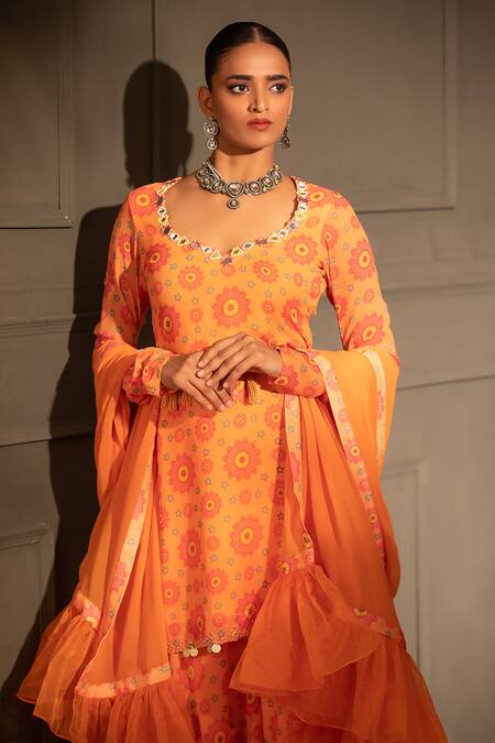 Shop Neha Khullar Orange Georgette, Organza, Crepe Beads, Flower Print Kurta Gharara Set Online at Aza Fashions Shop_Neha Khullar_Orange Georgette, Organza, Crepe Beads, Flower Print Kurta Gharara Set _Online_at_Aza_Fashions