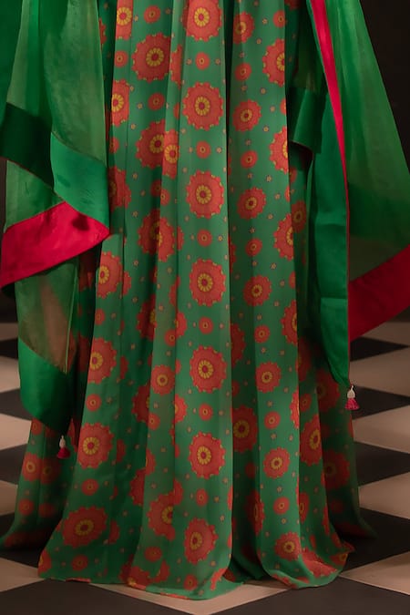 Buy_Neha Khullar_Green Georgette, Organza, Crepe Pearls, Botanical Print Anarkali With Dupatta _Online_at_Aza_Fashions