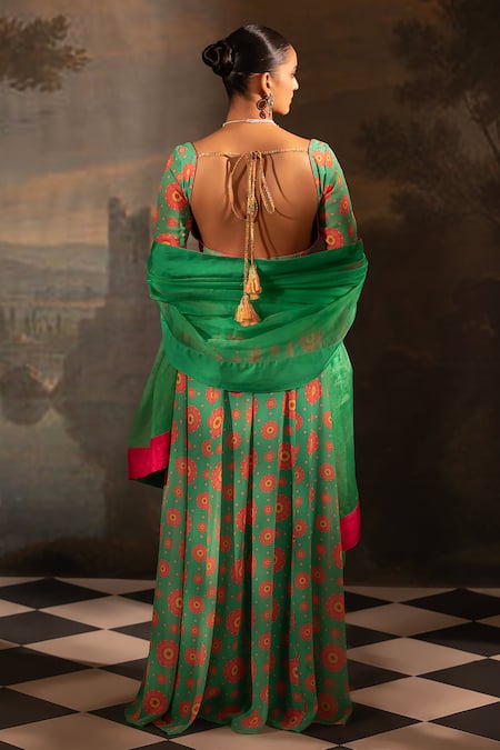 Neha Khullar_Green Georgette, Organza, Crepe Pearls, Botanical Print Anarkali With Dupatta _Online_at_Aza_Fashions