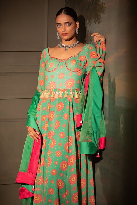 Neha Khullar_Green Georgette, Organza, Crepe Pearls, Botanical Print Anarkali With Dupatta _at_Aza_Fashions