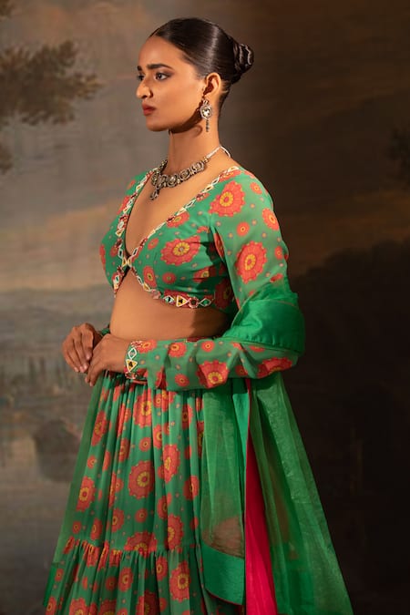 Neha Khullar_Green Georgette, Organza, Crepe Pearls, Mirrors, Garden Print Lehenga Set _Online_at_Aza_Fashions