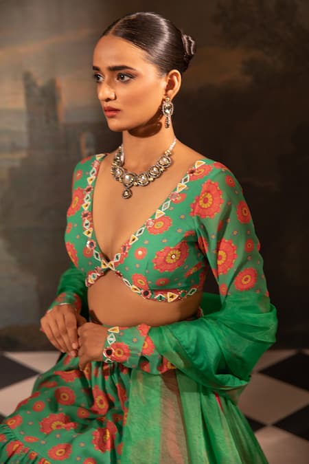 Shop_Neha Khullar_Green Georgette, Organza, Crepe Pearls, Mirrors, Garden Print Lehenga Set _Online_at_Aza_Fashions