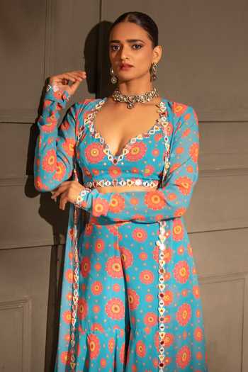 Neha Khullar Blue Georgette, Crepe Embroidery, Pearls, Blossom Print Jacket Sharara Set Online at Aza Fashions Neha Khullar_Blue Georgette, Crepe Embroidery, Pearls, Blossom Print Jacket Sharara Set _Online_at_Aza_Fashions
