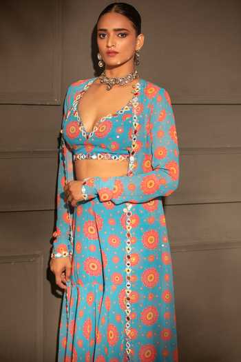 Buy Neha Khullar Blue Georgette, Crepe Embroidery, Pearls, Blossom Print Jacket Sharara Set Online at Aza Fashions Buy_Neha Khullar_Blue Georgette, Crepe Embroidery, Pearls, Blossom Print Jacket Sharara Set _Online_at_Aza_Fashions