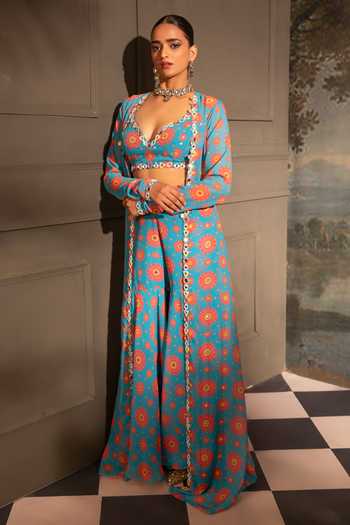 Shop Neha Khullar Blue Georgette, Crepe Embroidery, Pearls, Blossom Print Jacket Sharara Set Online at Aza Fashions Shop_Neha Khullar_Blue Georgette, Crepe Embroidery, Pearls, Blossom Print Jacket Sharara Set _Online_at_Aza_Fashions