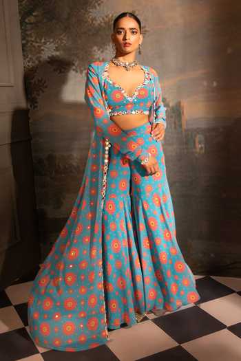 Neha Khullar Blue Georgette, Crepe Embroidery, Pearls, Blossom Print Jacket Sharara Set at Aza Fashions Neha Khullar_Blue Georgette, Crepe Embroidery, Pearls, Blossom Print Jacket Sharara Set _at_Aza_Fashions