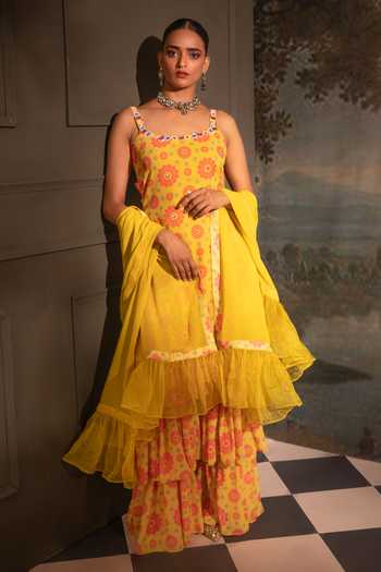 Neha Khullar Yellow Georgette, Organza, Crepe Gota Patti, Mirrors, Floral Print Kurta Set Online at Aza Fashions Neha Khullar_Yellow Georgette, Organza, Crepe Gota Patti, Mirrors, Floral Print Kurta Set _Online_at_Aza_Fashions