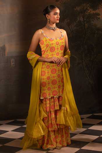 Buy Neha Khullar Yellow Georgette, Organza, Crepe Gota Patti, Mirrors, Floral Print Kurta Set Online at Aza Fashions Buy_Neha Khullar_Yellow Georgette, Organza, Crepe Gota Patti, Mirrors, Floral Print Kurta Set _Online_at_Aza_Fashions