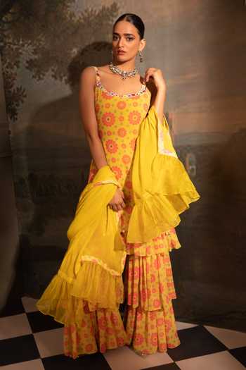 Neha Khullar Yellow Georgette, Organza, Crepe Gota Patti, Mirrors, Floral Print Kurta Set at Aza Fashions Neha Khullar_Yellow Georgette, Organza, Crepe Gota Patti, Mirrors, Floral Print Kurta Set _at_Aza_Fashions