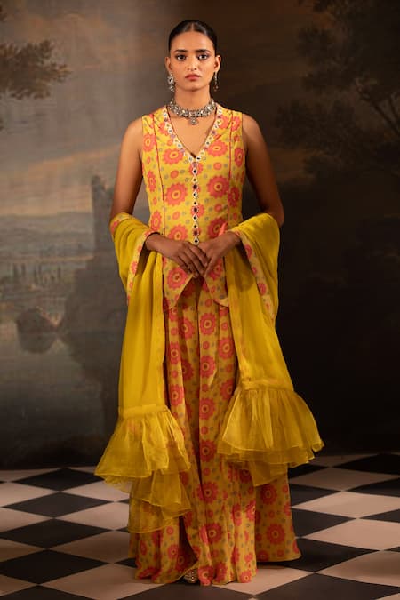 Neha Khullar Yellow Georgette Printed Floral V Neck Kurta Sharara Set 