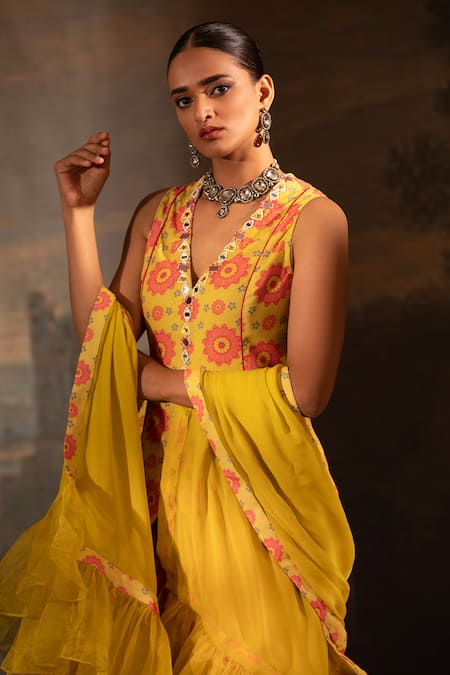 Neha Khullar_Yellow Georgette, Organza, Crepe Embroidery, Gota Floral Print Kurta Sharara Set _Online_at_Aza_Fashions