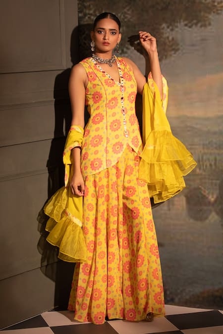 Buy_Neha Khullar_Yellow Georgette, Organza, Crepe Embroidery, Gota Floral Print Kurta Sharara Set _Online_at_Aza_Fashions