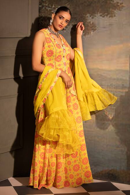 Shop_Neha Khullar_Yellow Georgette, Organza, Crepe Embroidery, Gota Floral Print Kurta Sharara Set _Online_at_Aza_Fashions