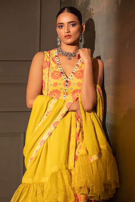 Neha Khullar_Yellow Georgette, Organza, Crepe Embroidery, Gota Floral Print Kurta Sharara Set _at_Aza_Fashions