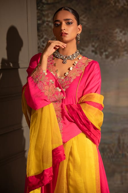 Neha Khullar Fuchsia Chanderi Silk, Organza, Crepe Sequins, Mirrors, Neckline Anarkali Set Online at Aza Fashions Neha Khullar_Fuchsia Chanderi Silk, Organza, Crepe Sequins, Mirrors, Neckline Anarkali Set _Online_at_Aza_Fashions
