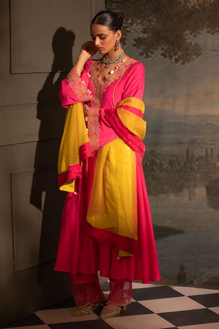 Buy Neha Khullar Fuchsia Chanderi Silk, Organza, Crepe Sequins, Mirrors, Neckline Anarkali Set Online at Aza Fashions Buy_Neha Khullar_Fuchsia Chanderi Silk, Organza, Crepe Sequins, Mirrors, Neckline Anarkali Set _Online_at_Aza_Fashions