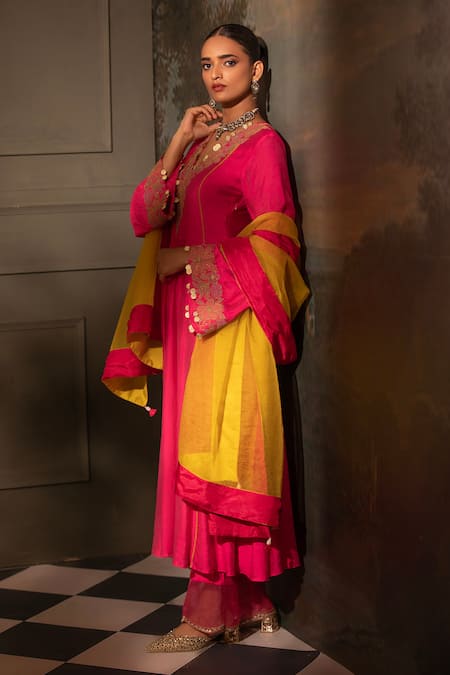 Shop Neha Khullar Fuchsia Chanderi Silk, Organza, Crepe Sequins, Mirrors, Neckline Anarkali Set Online at Aza Fashions Shop_Neha Khullar_Fuchsia Chanderi Silk, Organza, Crepe Sequins, Mirrors, Neckline Anarkali Set _Online_at_Aza_Fashions