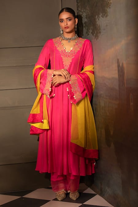 Neha Khullar Fuchsia Chanderi Silk, Organza, Crepe Sequins, Mirrors, Neckline Anarkali Set at Aza Fashions Neha Khullar_Fuchsia Chanderi Silk, Organza, Crepe Sequins, Mirrors, Neckline Anarkali Set _at_Aza_Fashions