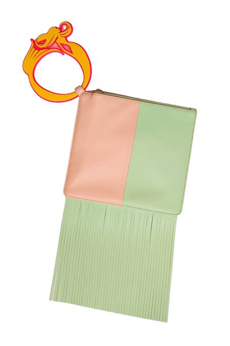 Oceana Clutches_Green Fringe Square Colorblock Wristlet Bag_Online_at_Aza_Fashions