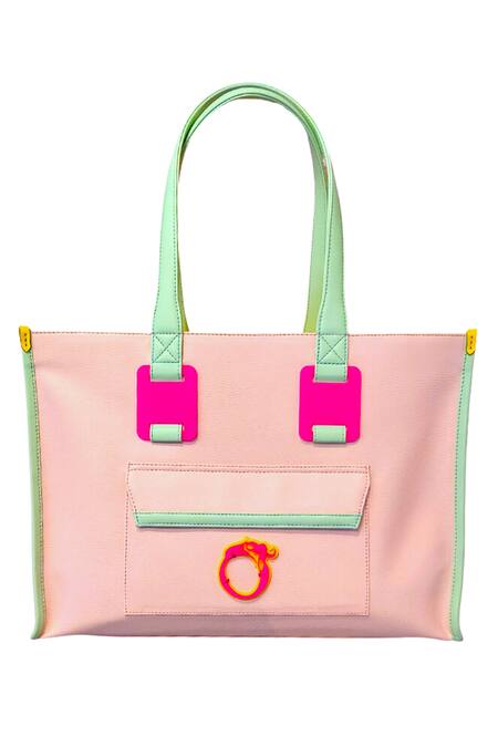 Oceana Clutches_Pink Colorblock Vegan Leather Tote Bag_Online_at_Aza_Fashions