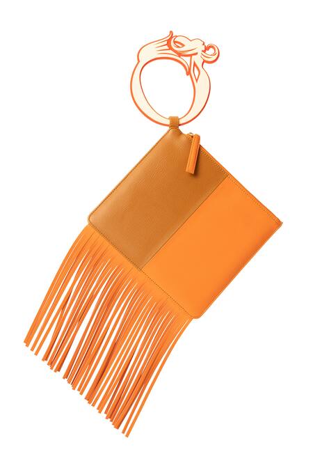 Oceana Clutches_Brown Fringe Color Blocked Square-shaped Wristlet Bag_Online_at_Aza_Fashions