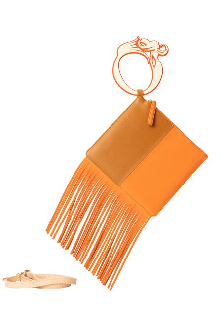 Buy_Oceana Clutches_Brown Fringe Color Blocked Square-shaped Wristlet Bag_Online_at_Aza_Fashions
