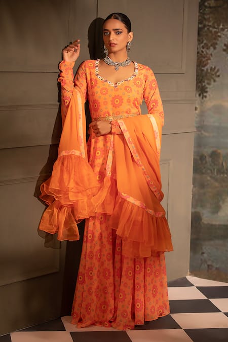 Neha Khullar Orange Georgette, Organza, Crepe Beads, Flower Print Kurta Gharara Set at Aza Fashions Neha Khullar_Orange Georgette, Organza, Crepe Beads, Flower Print Kurta Gharara Set _at_Aza_Fashions