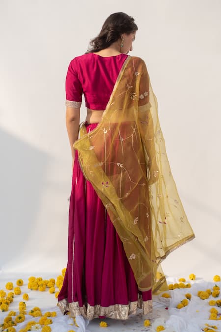 Shop Apeksha Jain Label Wine Cotton Silk Hand Embroidered Kasab V Neck Bordered Lehenga Set at Aza Fashions Shop_Apeksha Jain Label_Wine Cotton Silk Hand Embroidered Kasab V Neck Bordered Lehenga Set _at_Aza_Fashions