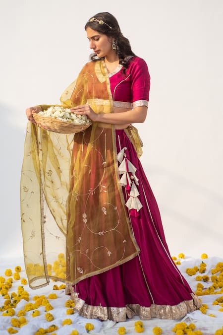 Apeksha Jain Label Wine Cotton Silk Hand Embroidered Kasab V Neck Bordered Lehenga Set Online at Aza Fashions Apeksha Jain Label_Wine Cotton Silk Hand Embroidered Kasab V Neck Bordered Lehenga Set _Online_at_Aza_Fashions