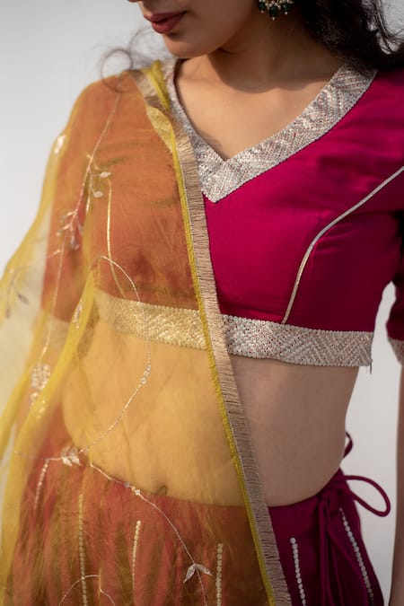 Shop Apeksha Jain Label Wine Cotton Silk Hand Embroidered Kasab V Neck Bordered Lehenga Set Online at Aza Fashions Shop_Apeksha Jain Label_Wine Cotton Silk Hand Embroidered Kasab V Neck Bordered Lehenga Set _Online_at_Aza_Fashions